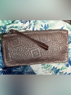 Rough & Tumble Clutch in Woven Brown with Rifle Paper Herb Garden Fabric. VGUC